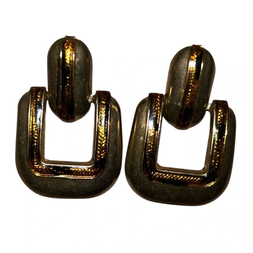 Vintage Door Knocker Earrings Square Gold Tone Clip On Retro Jewelry